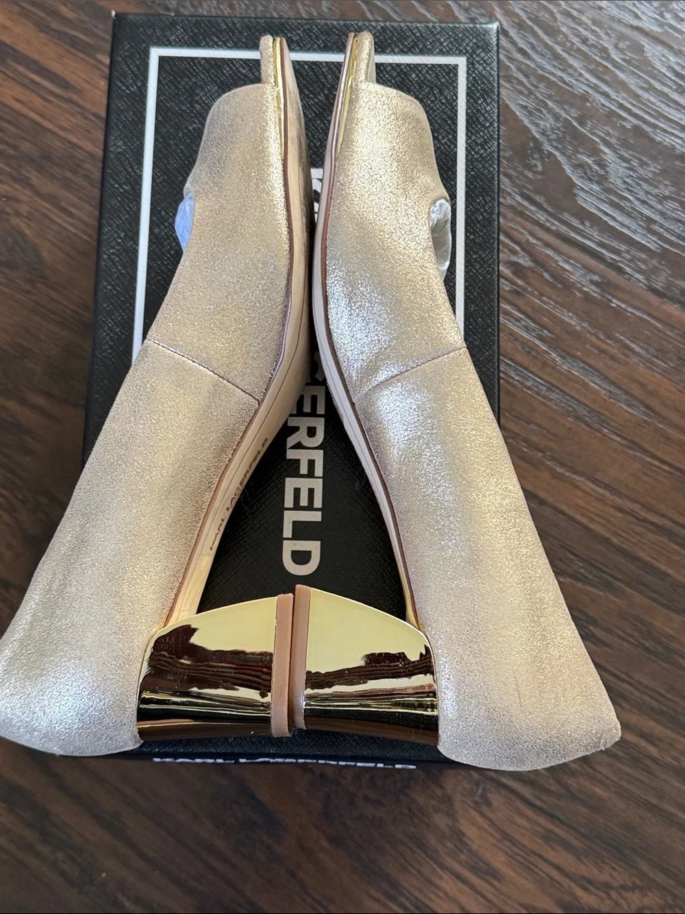 Karl Lagerfeld Metallic Suede Gold Square-Toe Block Heel
